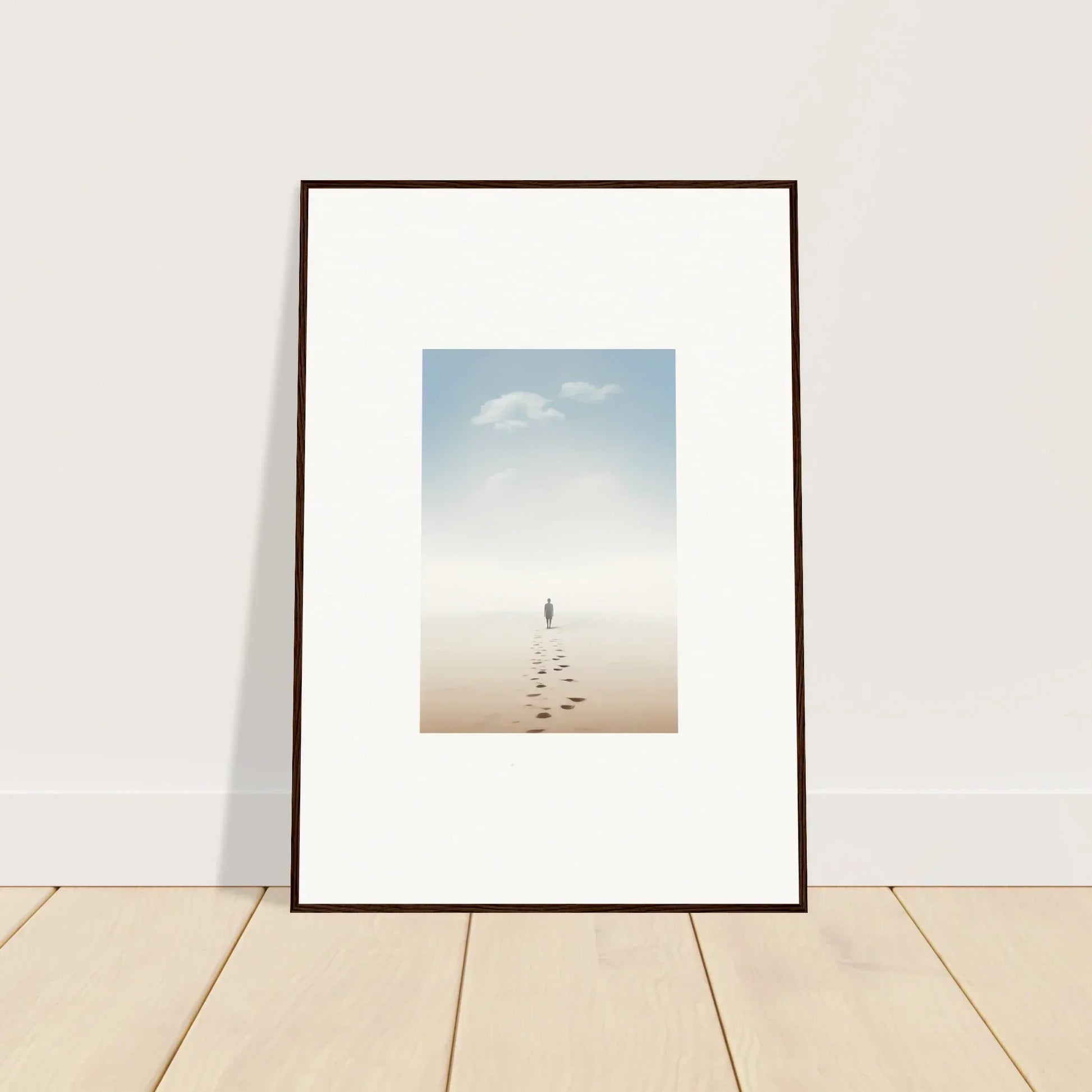 Framed wall art of a solitary figure on the beach, embodying entwined nostalgia