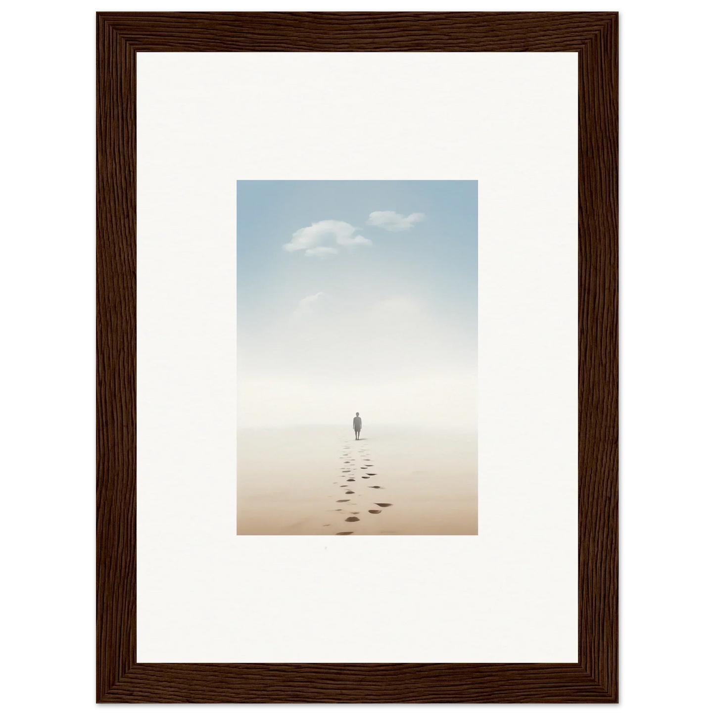 Framed wall art of a solitary figure on a misty beach, embodying entwined nostalgia