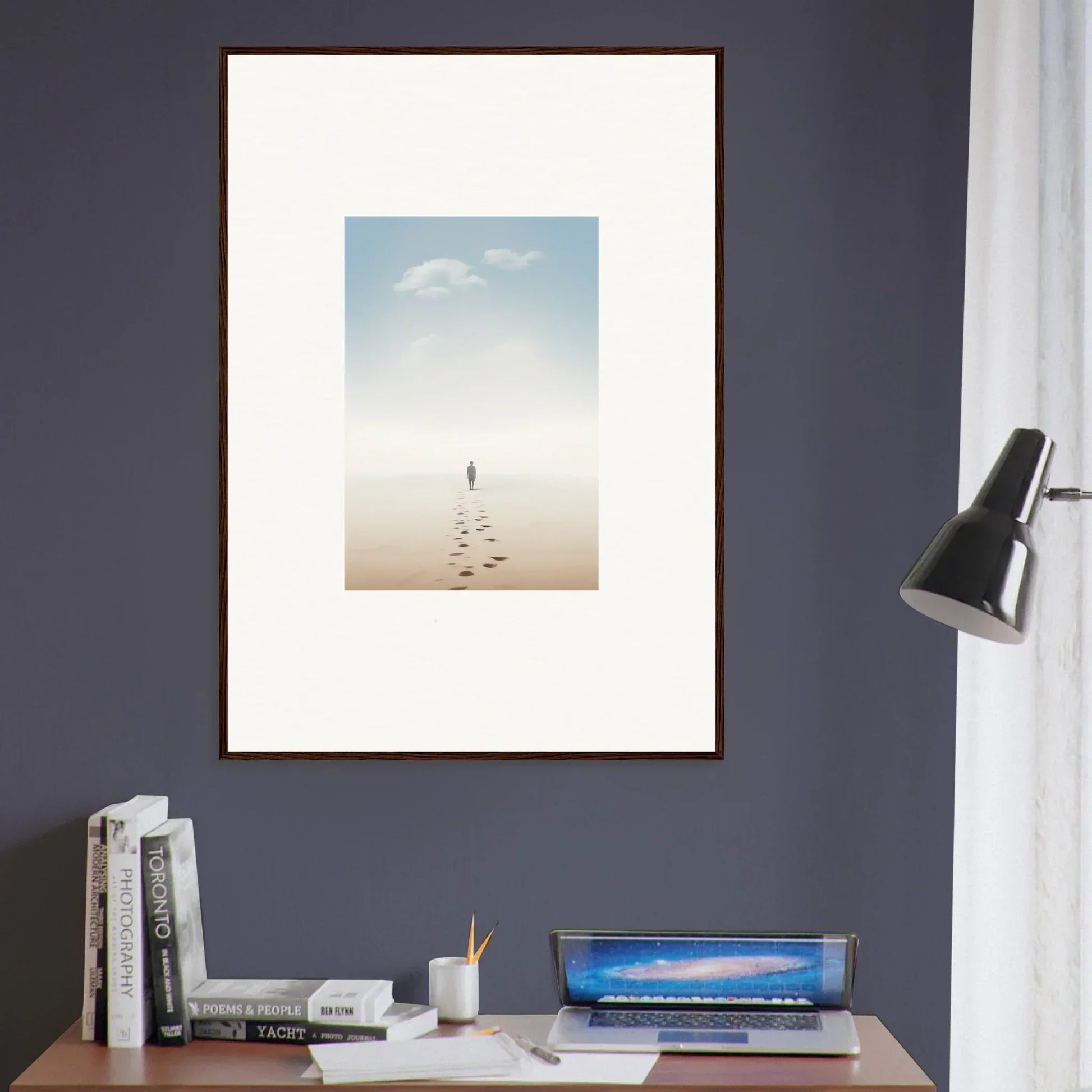 Framed wall art of a solitary figure on a beach, capturing entwined nostalgia for room decor