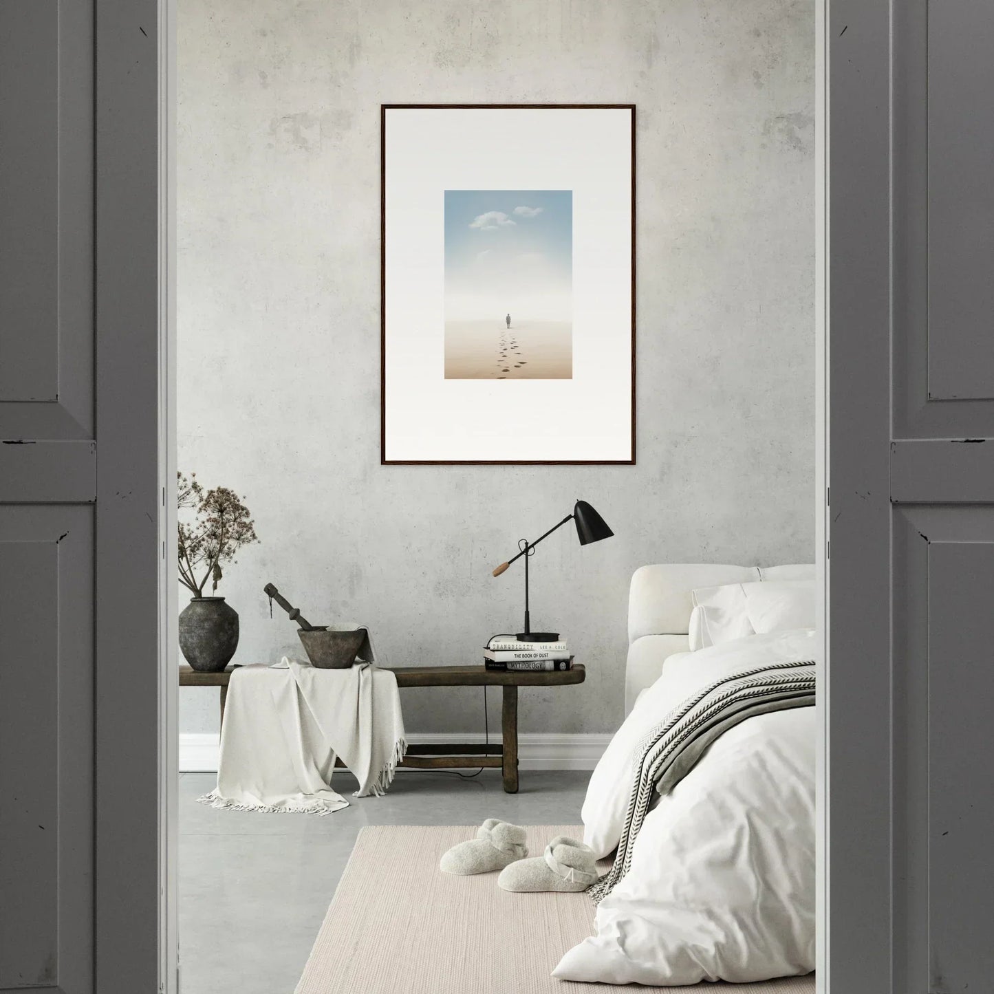 Minimalist bedroom featuring framed wall art titled Fogs Entwined Nostalgia as decor centerpiece