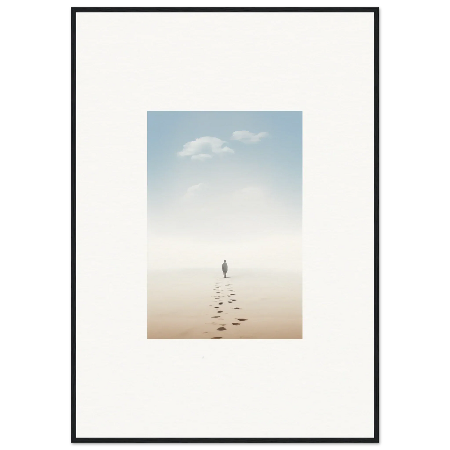 Framed wall art of a solitary figure on a misty beach capturing entwined nostalgia