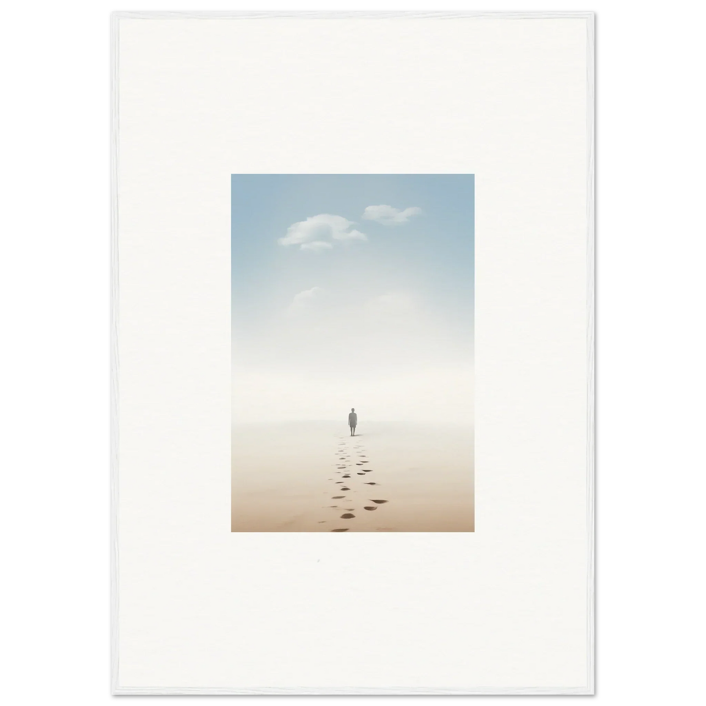 Solitary figure on misty beach leaves footprints, embodying entwined nostalgia in room decor