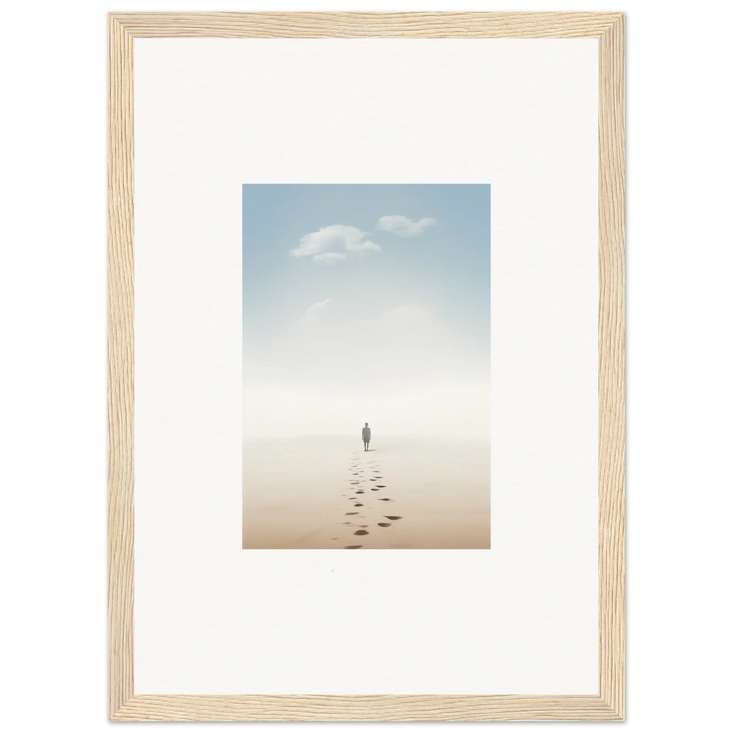 Framed wall art of a solitary figure on a misty beach evokes entwined nostalgia