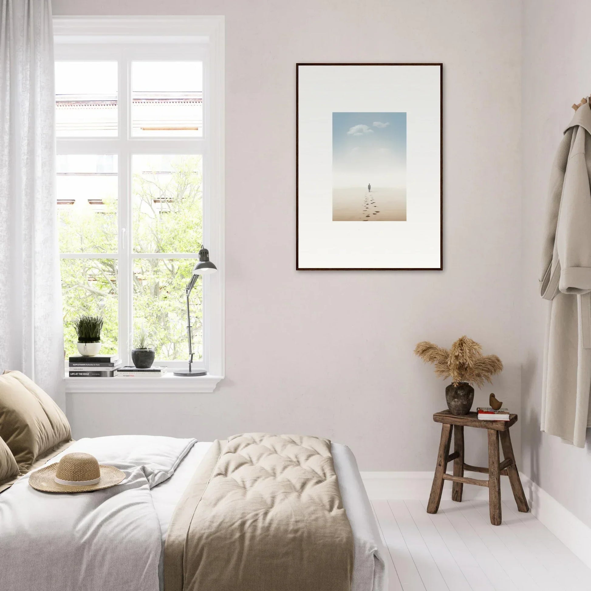 Cozy bedroom with neutral tones and minimalist decor featuring Fogs Entwined Nostalgia art