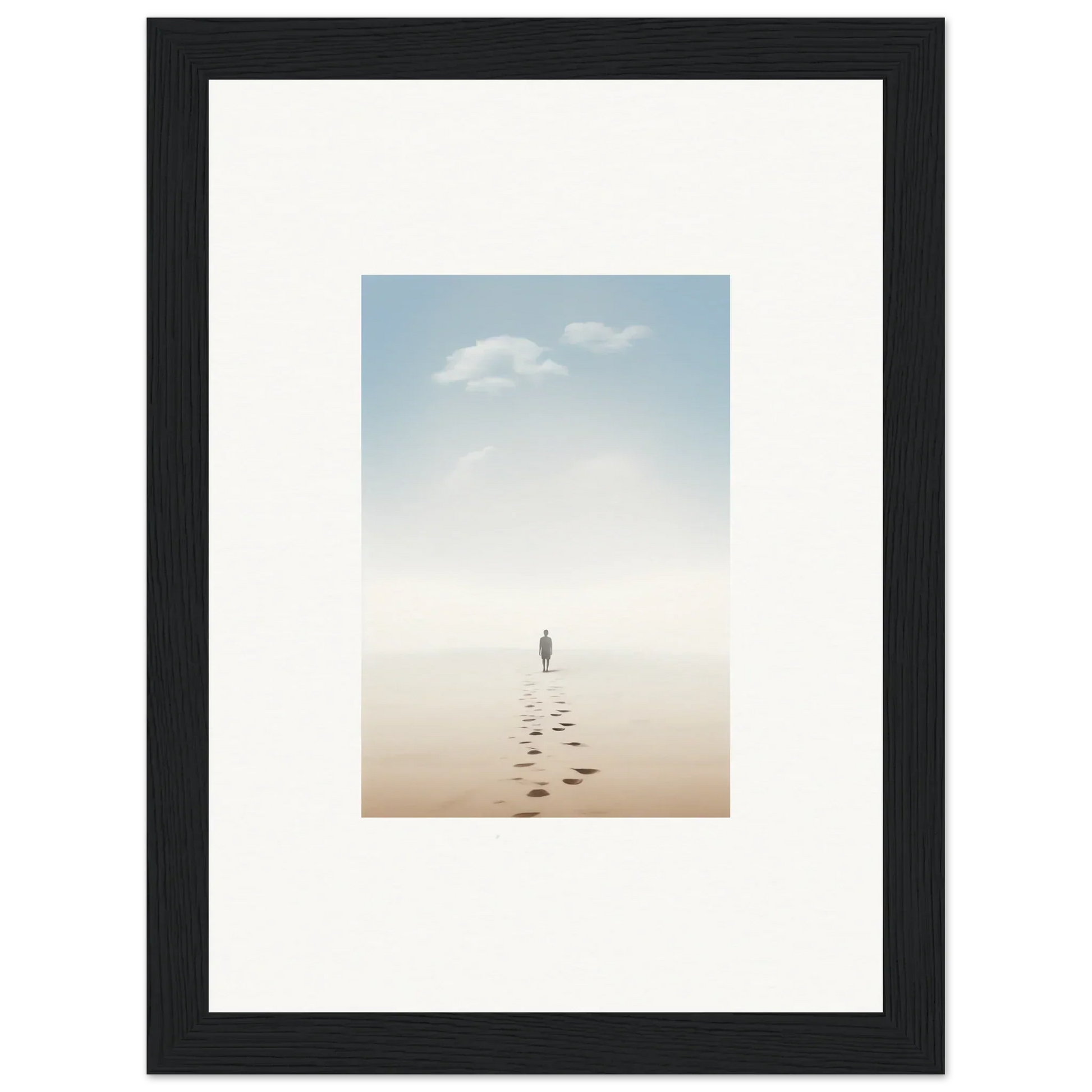 Framed wall art of a solitary figure on a misty beach evokes entwined nostalgia