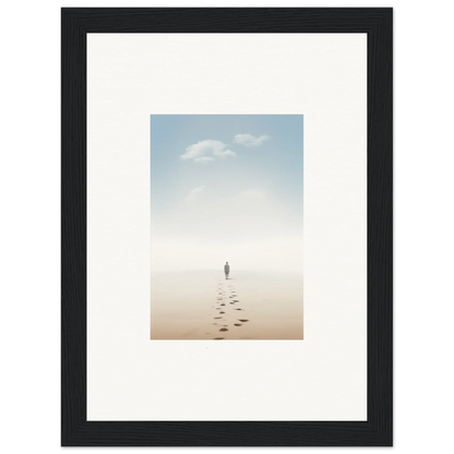 Framed wall art of a solitary figure on a misty beach evokes entwined nostalgia