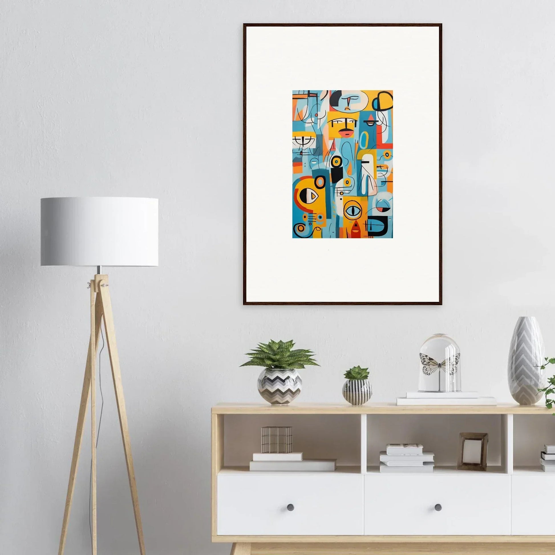 Abstract art print Fragment Streams Tango with geometric shapes in orange, blue, and black