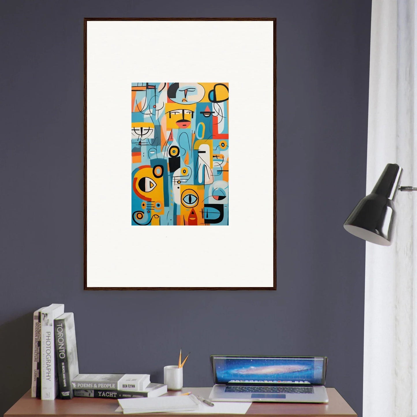 Abstract art print Fragment Streams Tango with geometric faces in blue, orange, and yellow tones