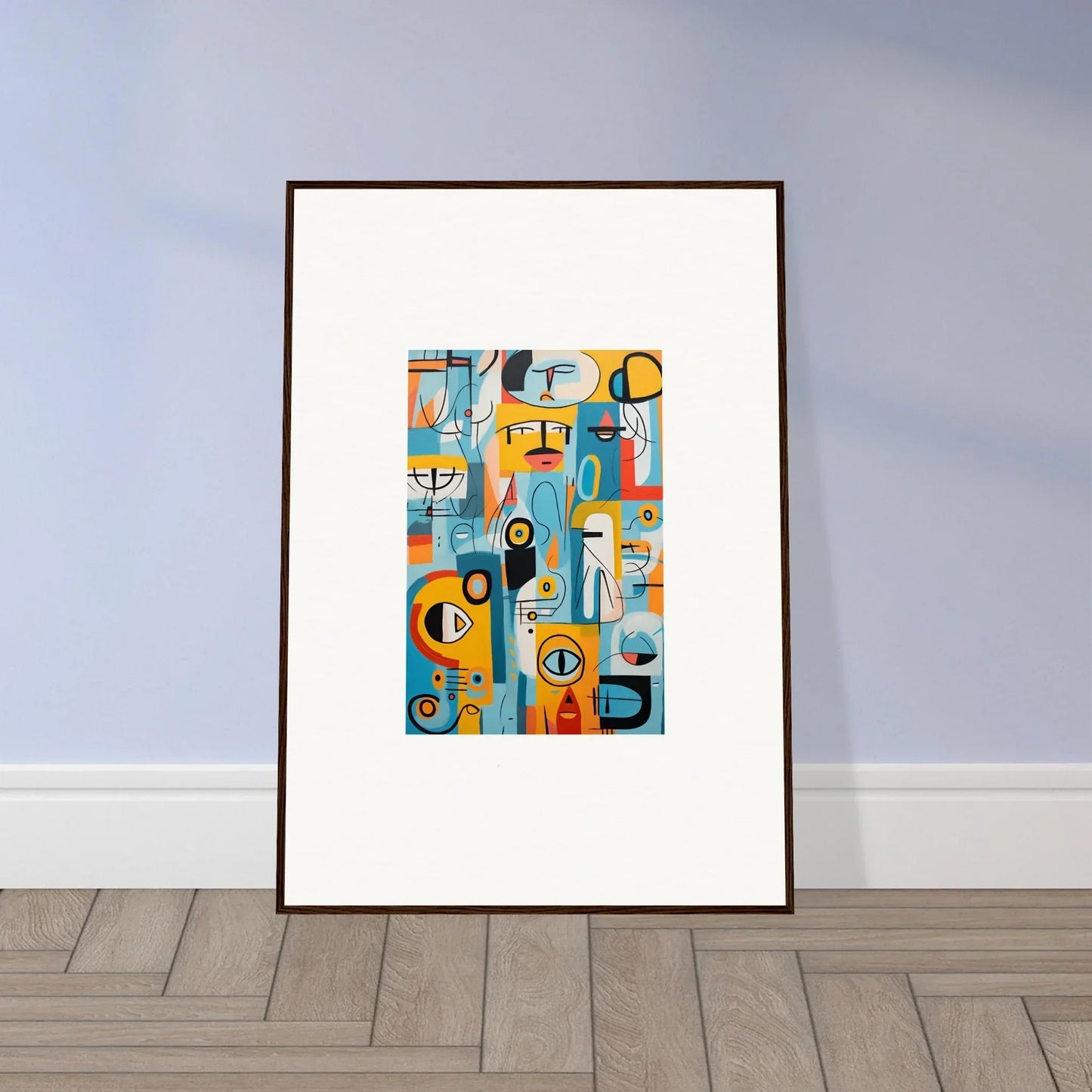 Framed abstract art print Fragment Streams Tango with geometric shapes in blue, orange, yellow