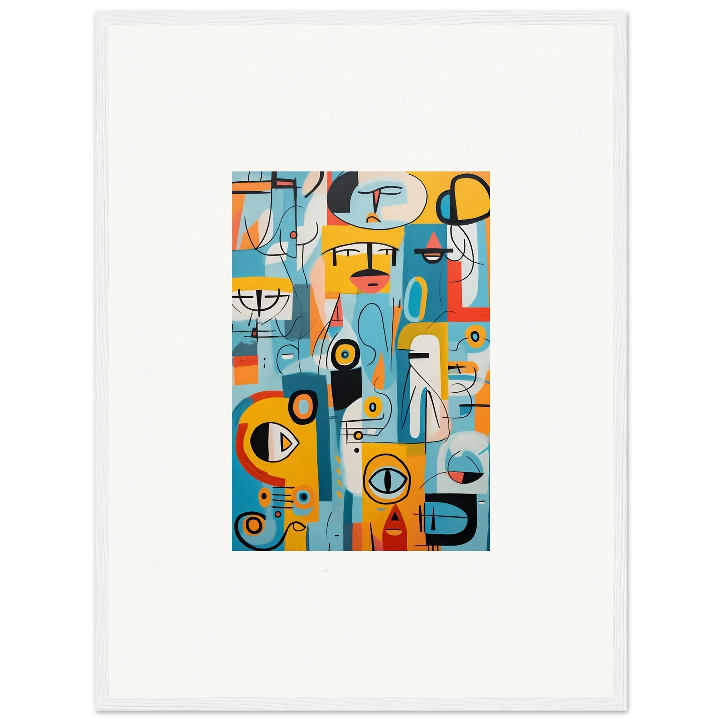 Vibrant Fragment Streams Tango art with geometric shapes and faces in blue, orange, yellow