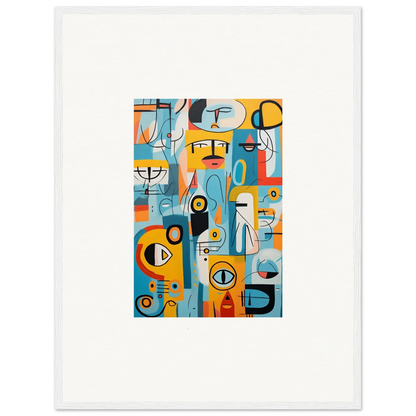 Vibrant Fragment Streams Tango art with geometric shapes and faces in blue, orange, yellow