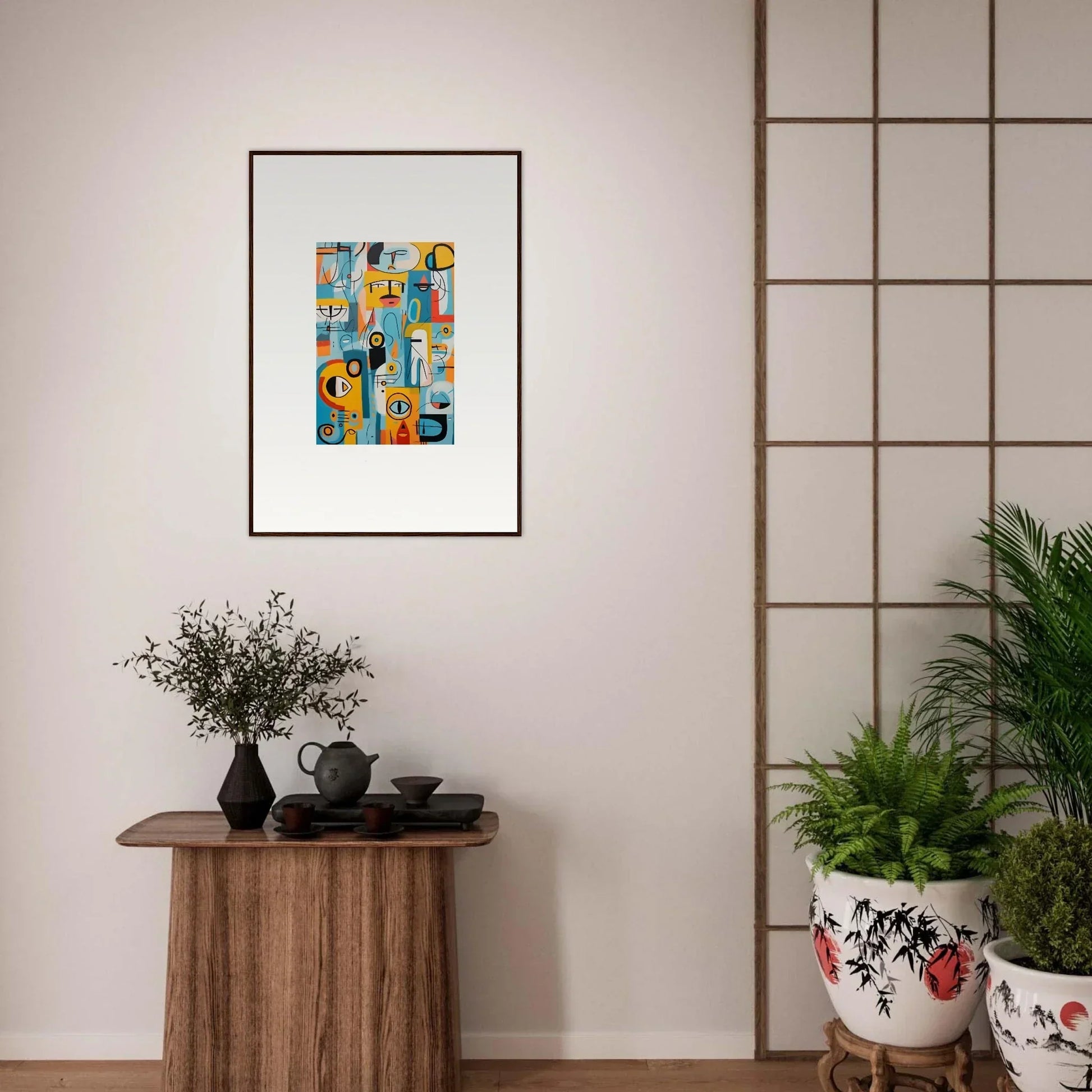 Framed abstract art Fragment Streams Tango with colorful geometric shapes on blue background