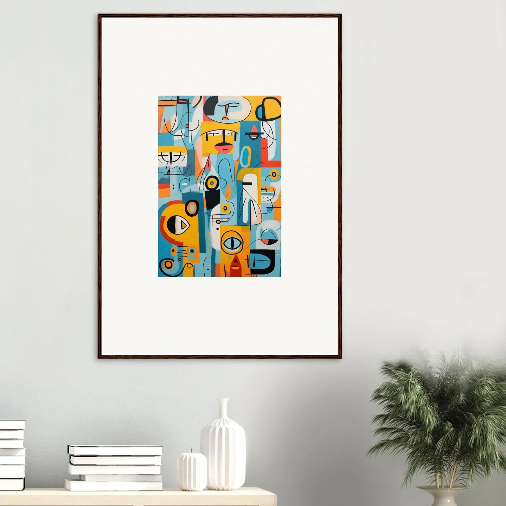 Premium framed wall art featuring the Fragment Streams Tango in vibrant geometric shapes