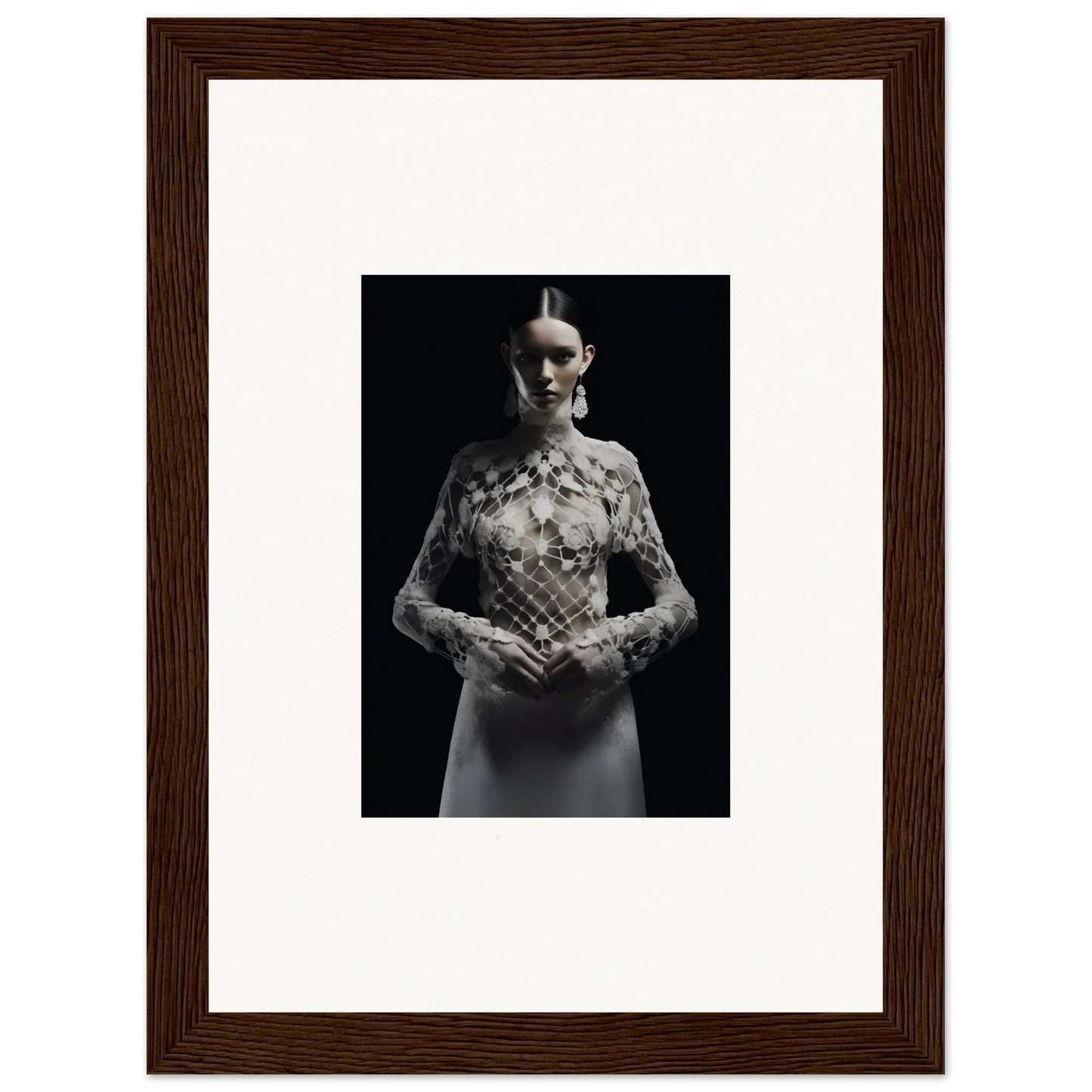 Framed black and white photograph of a woman in an Etheris Dress for stylish room decor