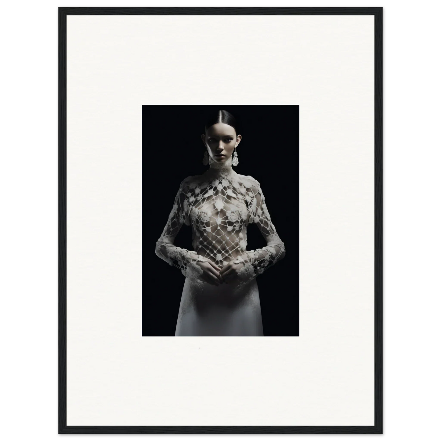 Black and white portrait of a woman in an Etheris Dress, ideal for room decor or framed wall art