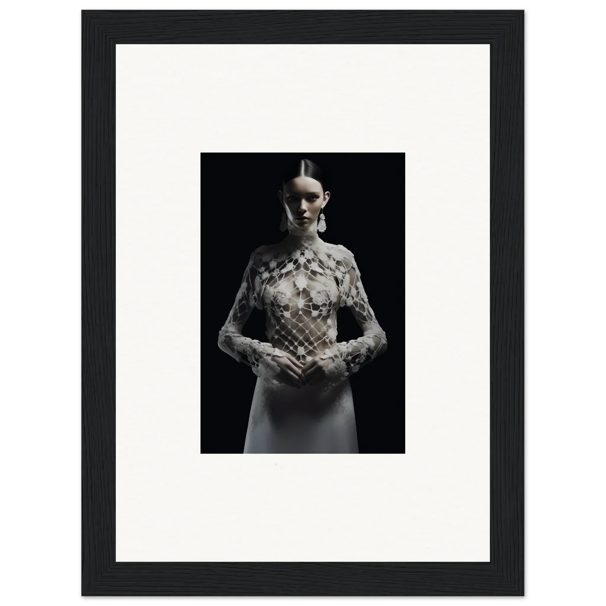 Black and white photo of a woman in an Etheris dress, ideal for room decor or wall art