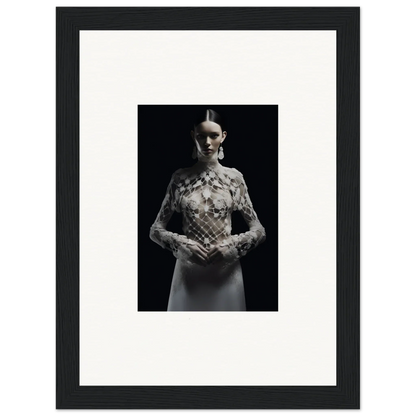 Black and white photo of a woman in an Etheris dress, ideal for room decor or wall art