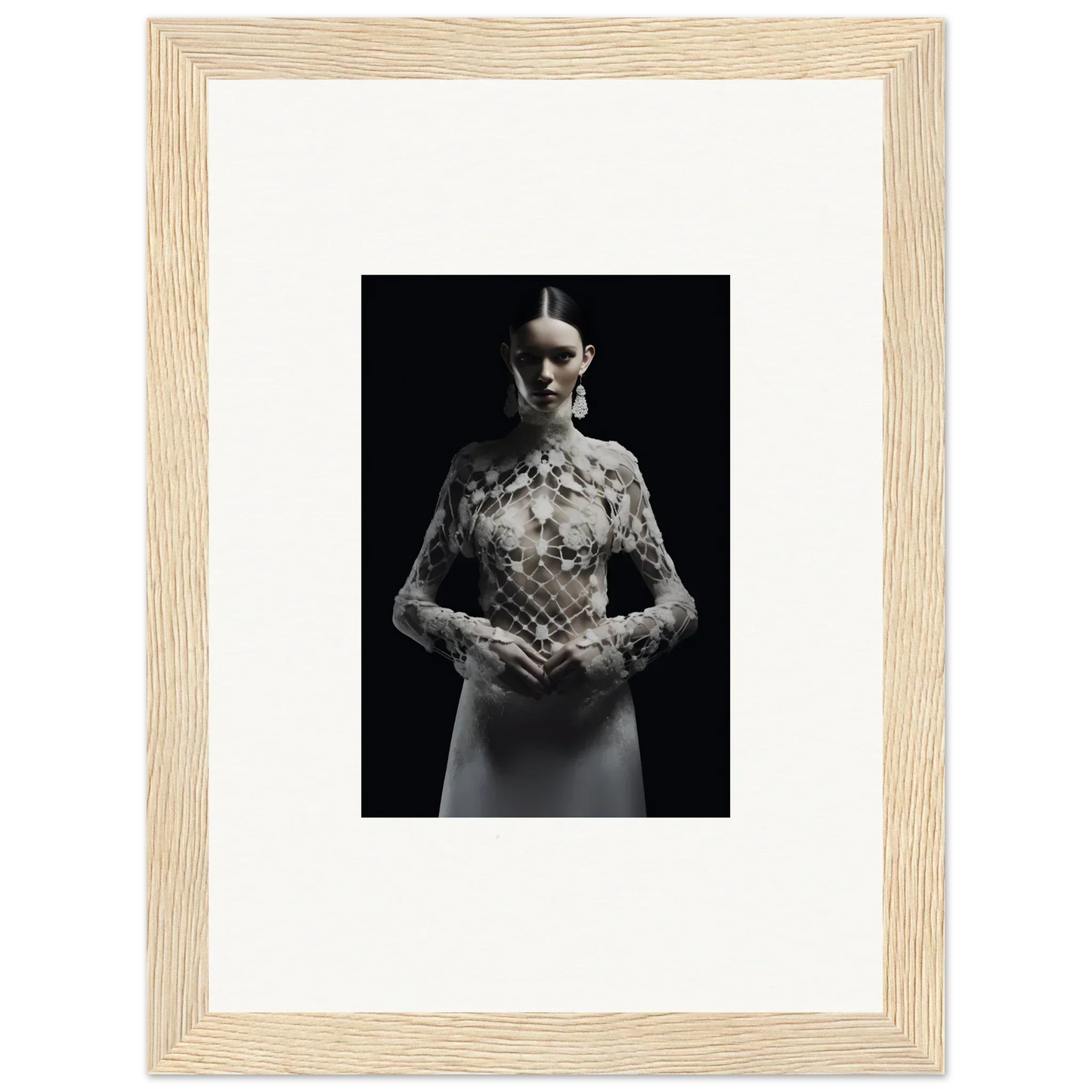 Black and white photo of a woman in an ornate Etheris Dress, elegant framed wall art