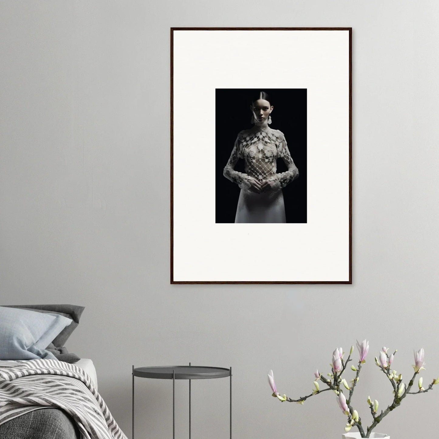 Framed black and white photo of a person in an Etheris Dress, perfect for room decor