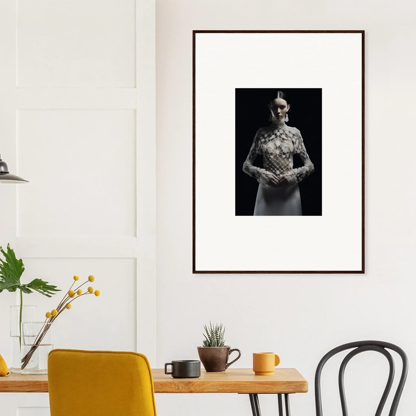 Framed black and white portrait of a person in an Etheris dress for stylish room decor