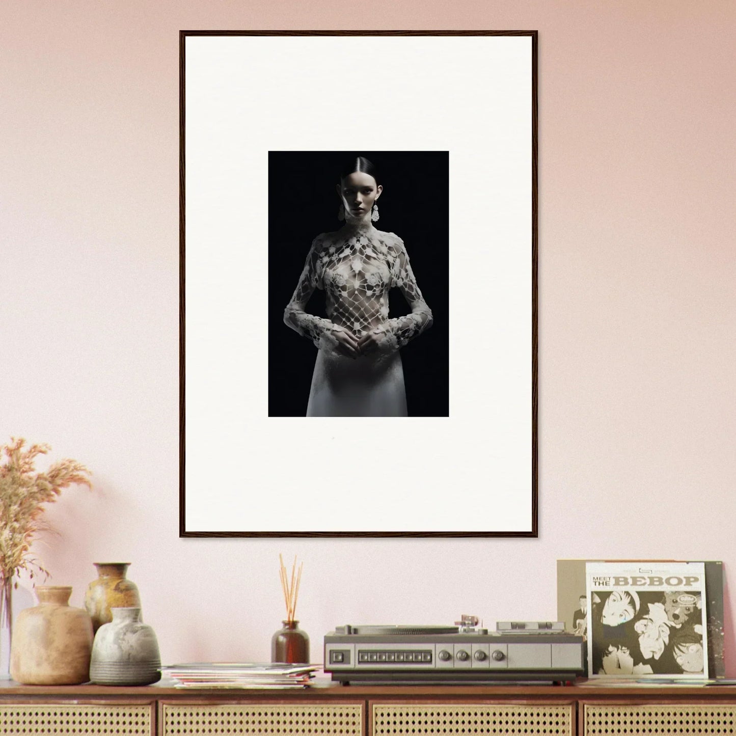 Framed black and white photograph of a person in an Etheris Dress for stylish room decor