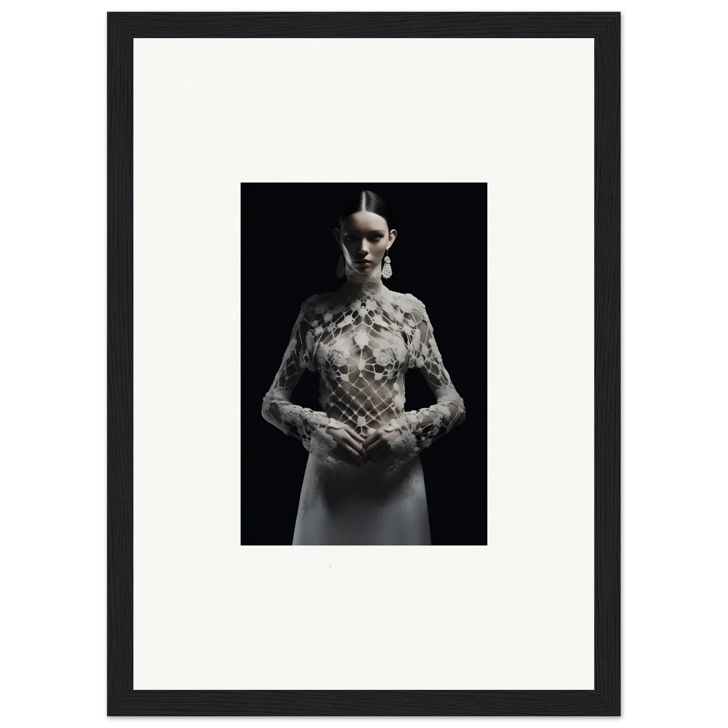 Black and white image of woman in Etheris Dress for elegant room decor or framed wall art