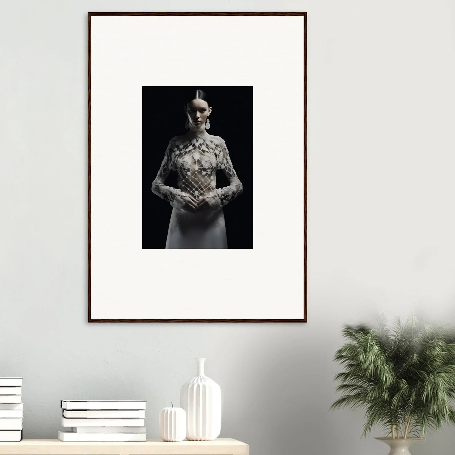 Framed black and white photo of a person in an Etheris Dress for elegant room decor