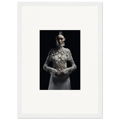 Black and white photo of a woman in an Etheris dress, ideal for room decor or framed wall art