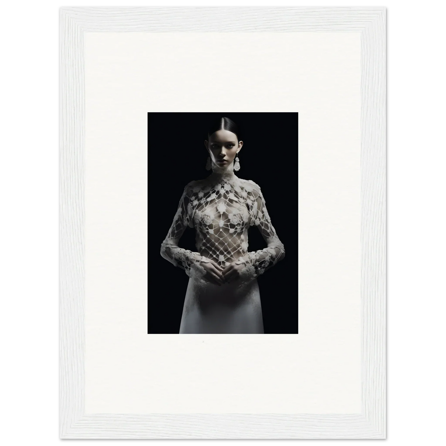 Black and white image of a woman in an Etheris Dress, ideal for room decor or framed wall art