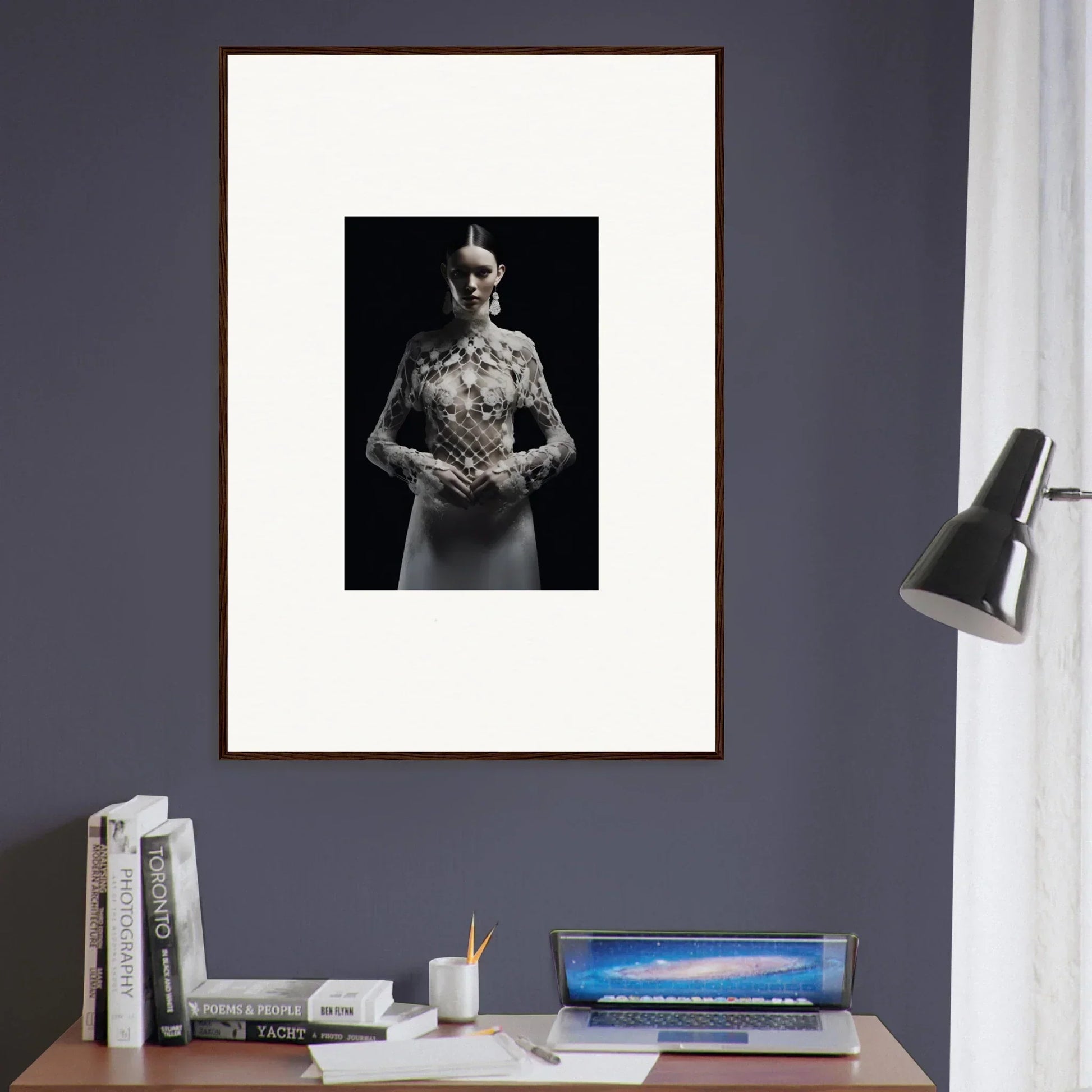 Framed black and white photograph of a woman in a polka dot dress for room decor