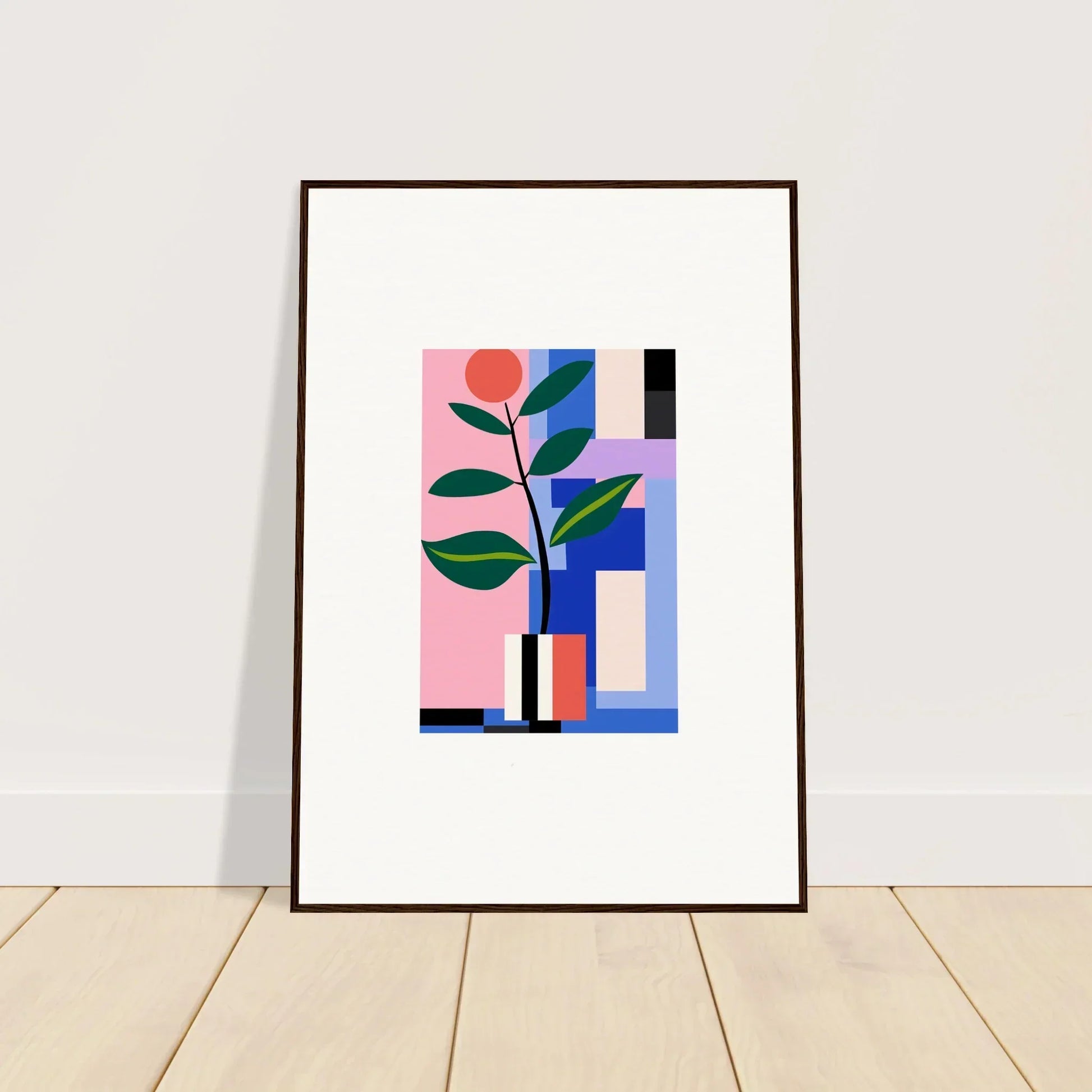 Framed abstract wall art of geometric shapes and a plant, perfect for blooms ballet room decor