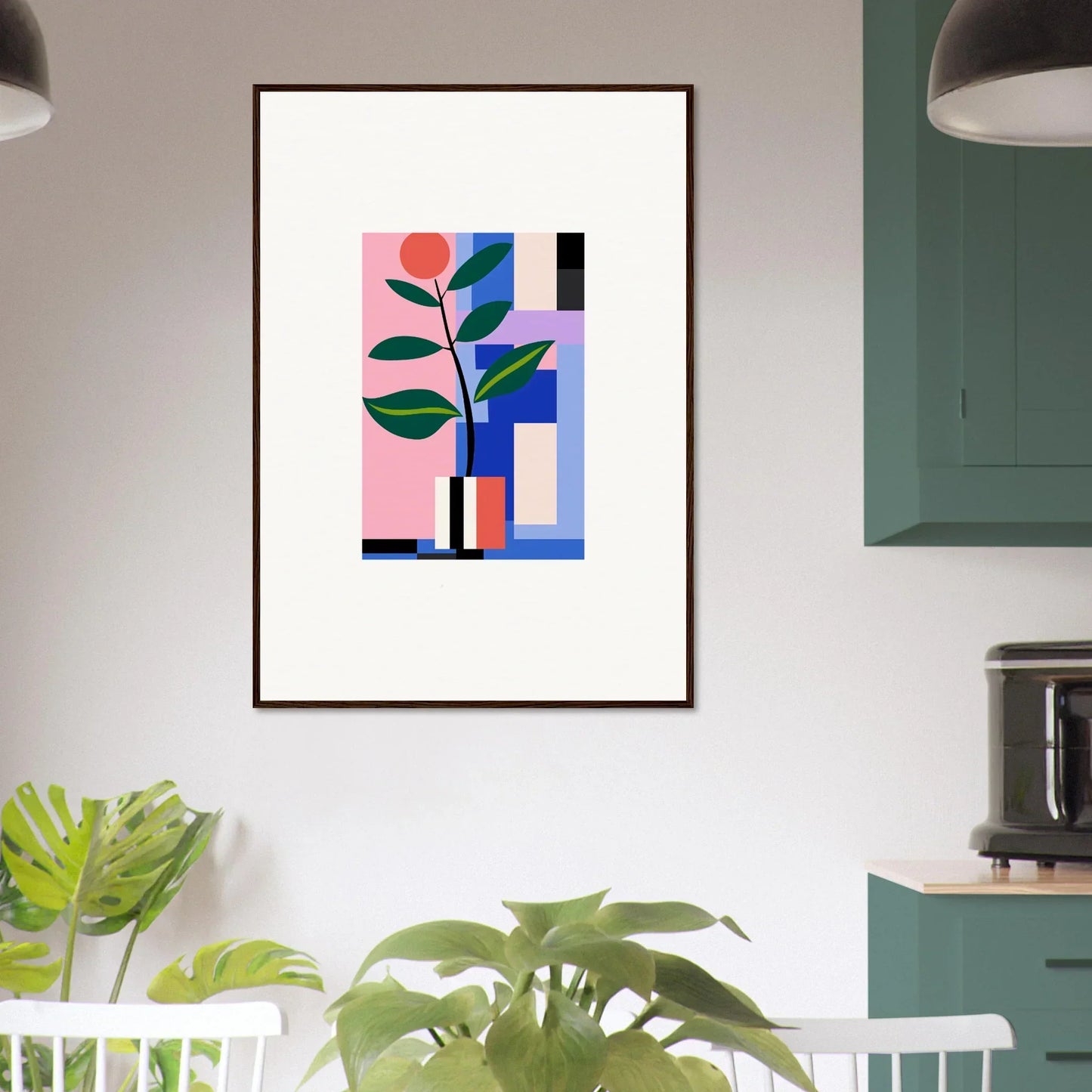 Framed abstract wall art with geometric shapes and a stylized plant for modern room decor