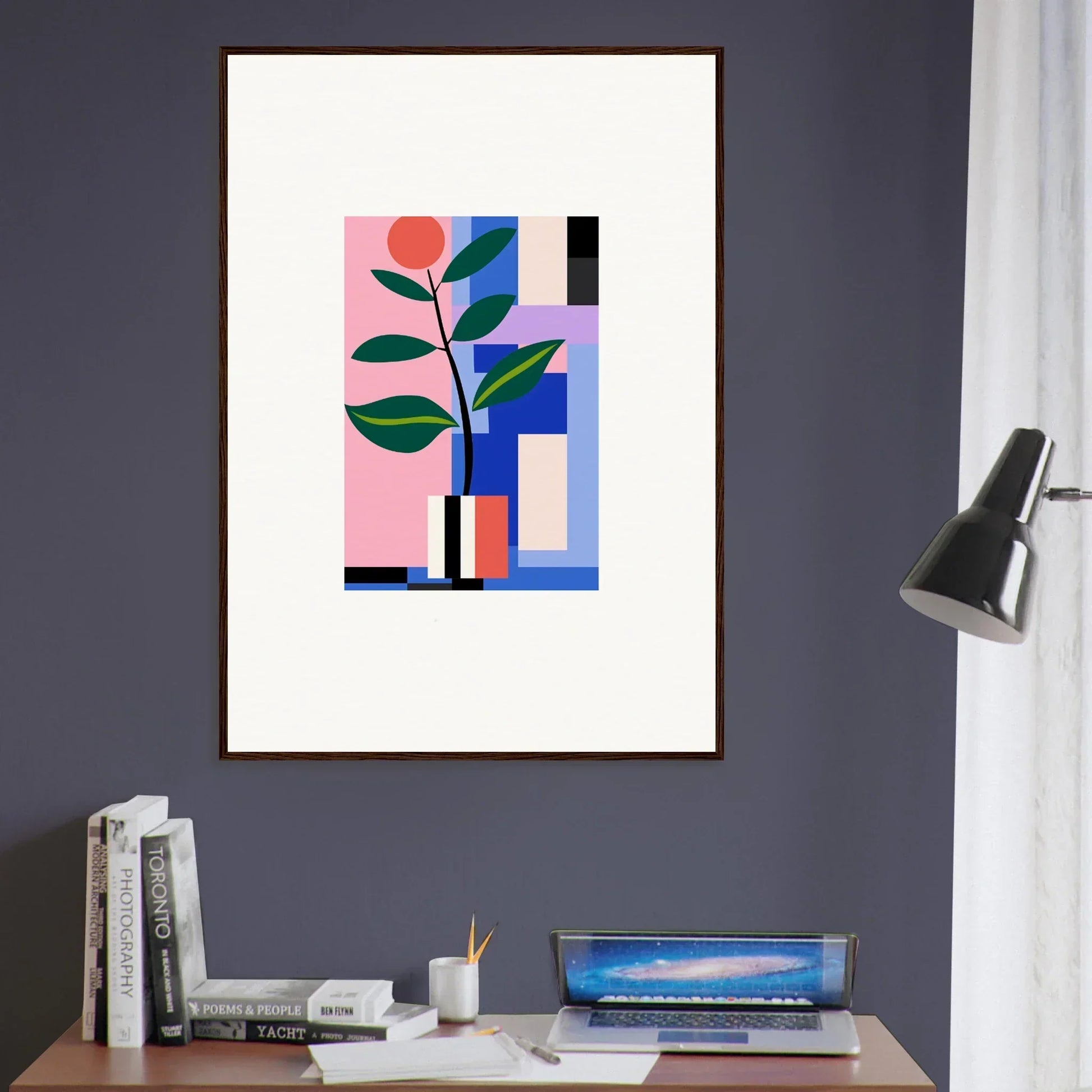 Framed wall art with colorful geometric shapes enhances room decor in Blooms Ballet theme