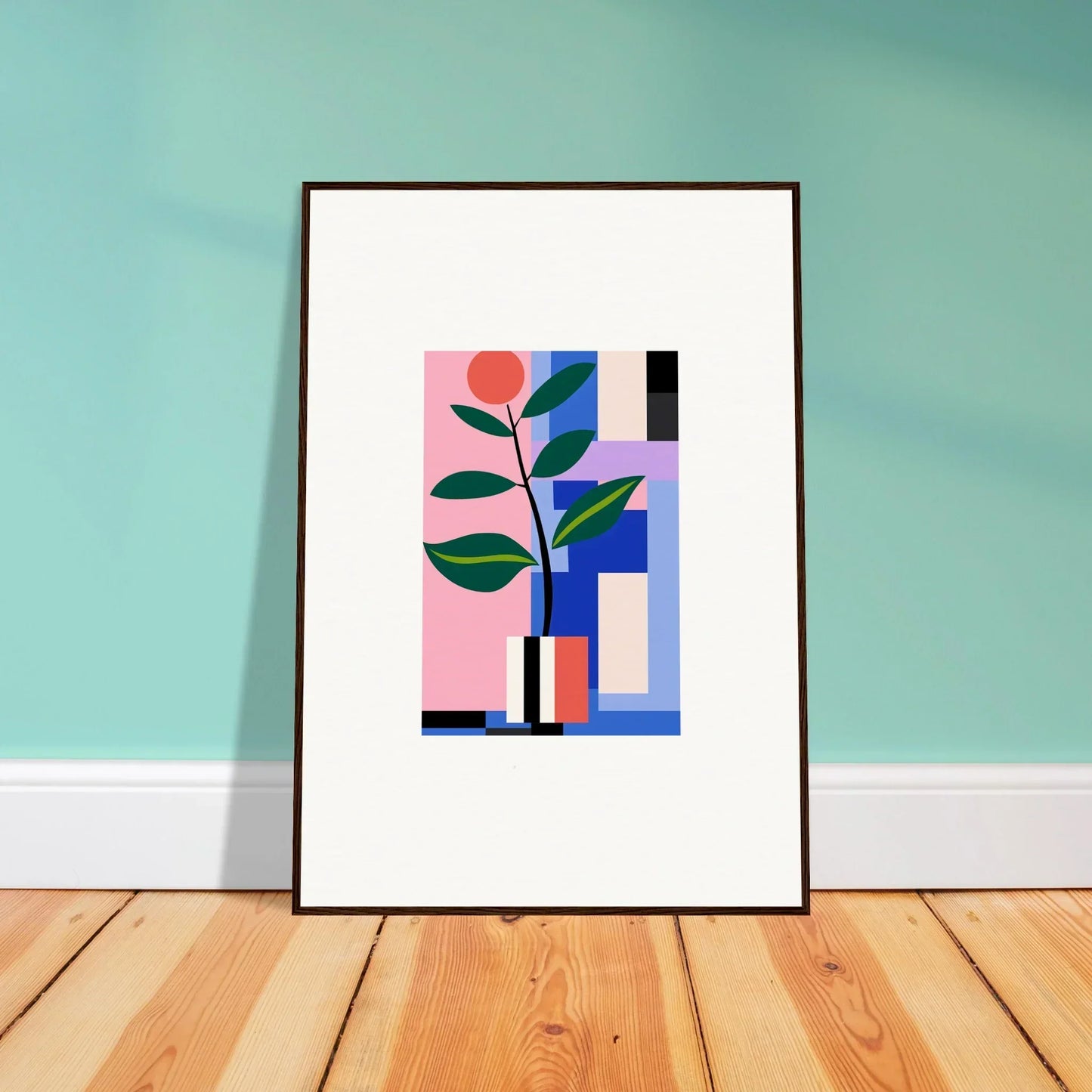 Framed wall art of geometric shapes and a stylized plant for modern room decor