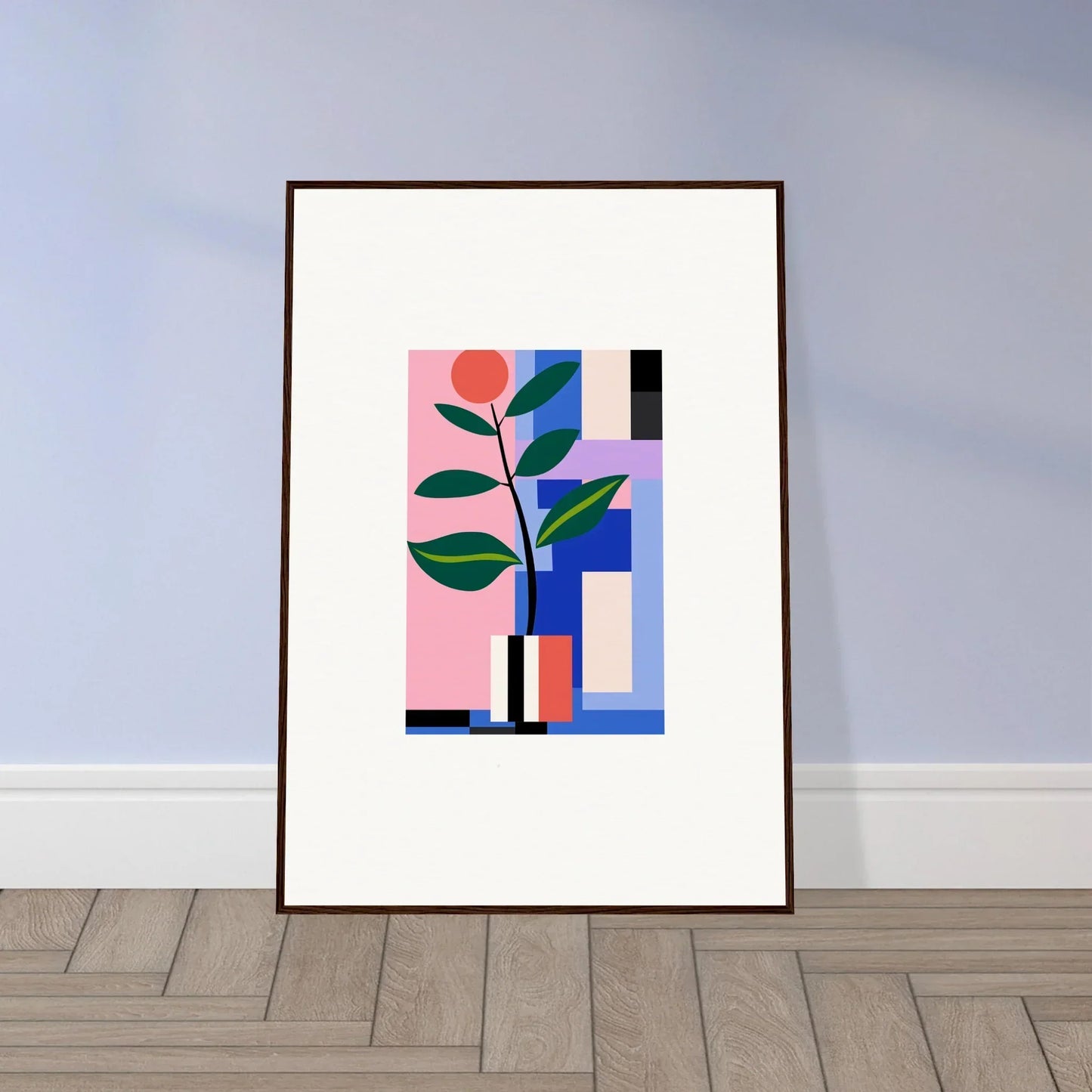 Framed wall art of geometric shapes with a stylized plant, enhancing room decor in Blooms Ballet