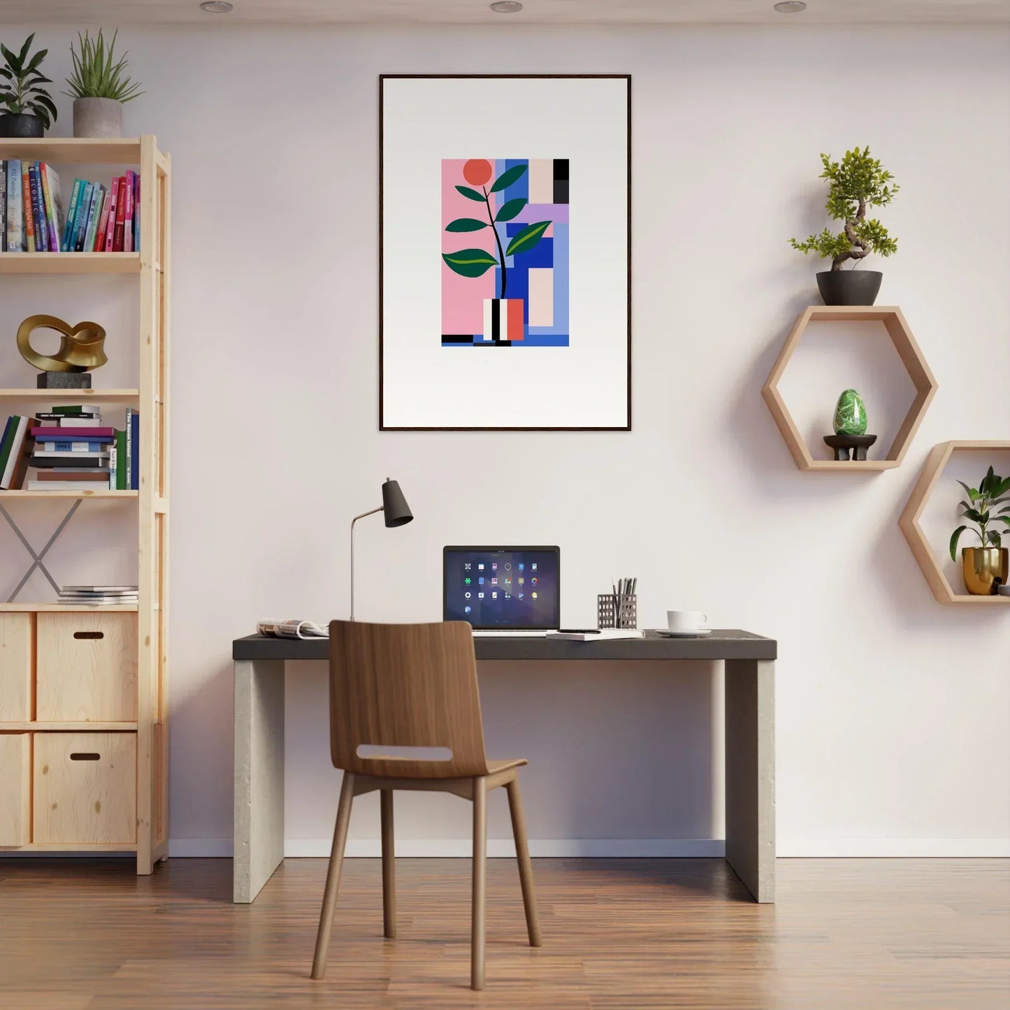 Modern home office with desk, chair, and Blooms Ballet framed wall art decor