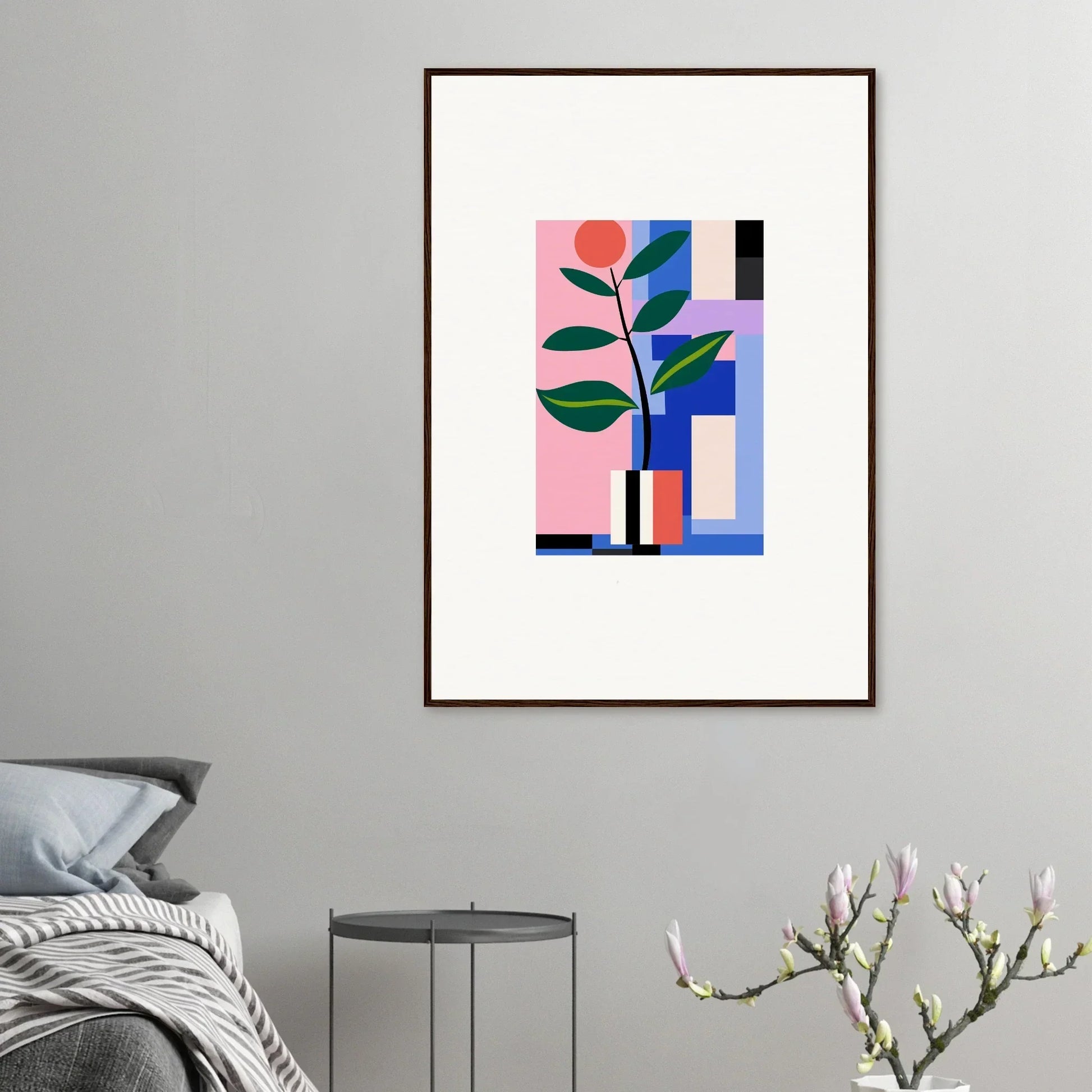 Framed abstract wall art with geometric shapes and plant for blooms ballet room decor