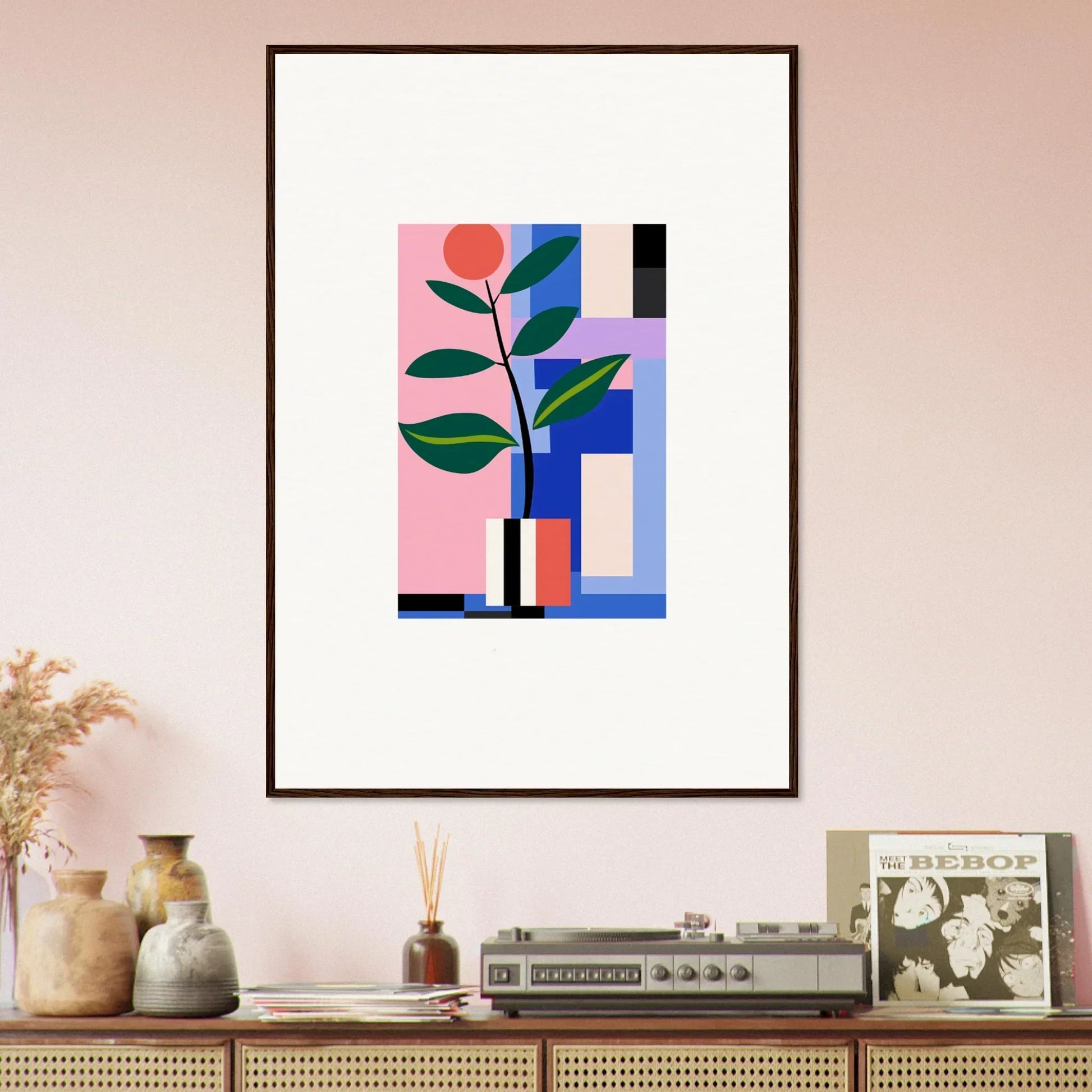 Framed abstract artwork of a stylized plant for unique blooms ballet room decor