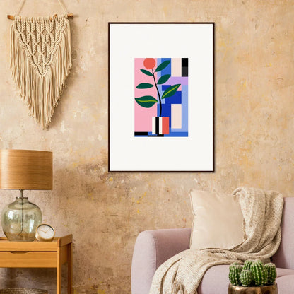 Framed abstract artwork with geometric shapes and stylized plant for room decor