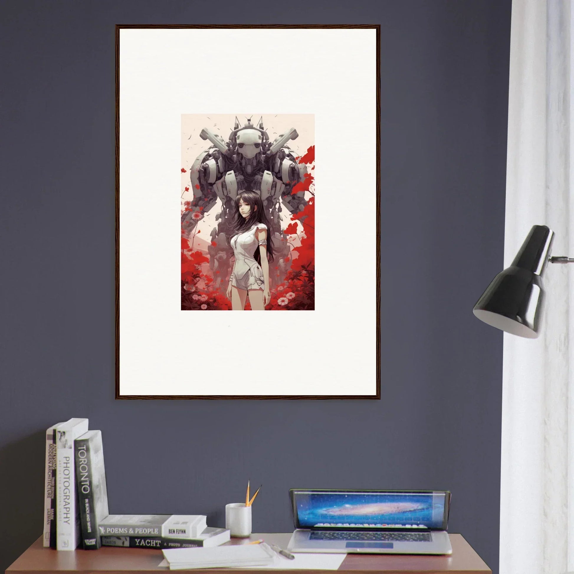 Framed canvas print of humanoid robot and human silhouette for unique room decoration