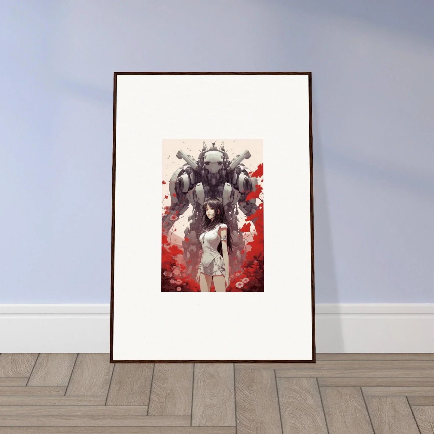 Framed Future Echoes canvas print of a figure with a robot, perfect wall art for room decoration