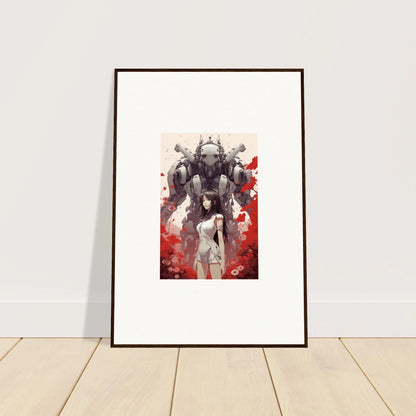 Framed Future Echoes wall art shows a figure facing a robotic entity, perfect room decoration