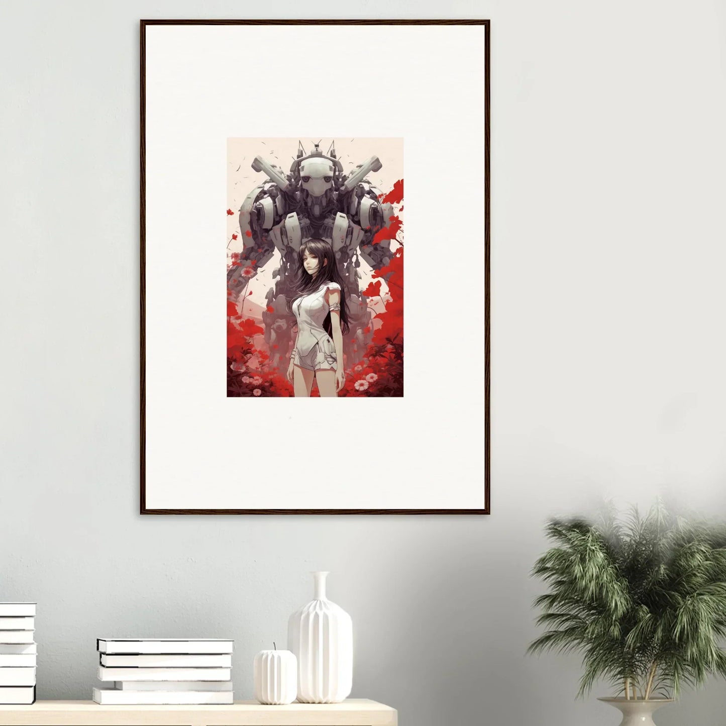 Framed canvas print of a woman and robot wall art for unique room decoration