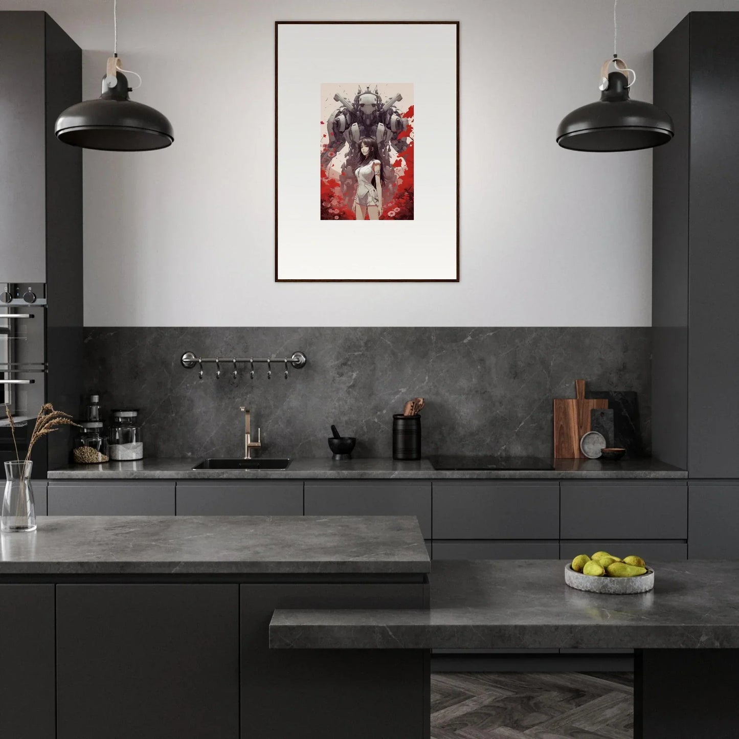 Modern kitchen with dark cabinets and bold wall art, perfect for room decoration