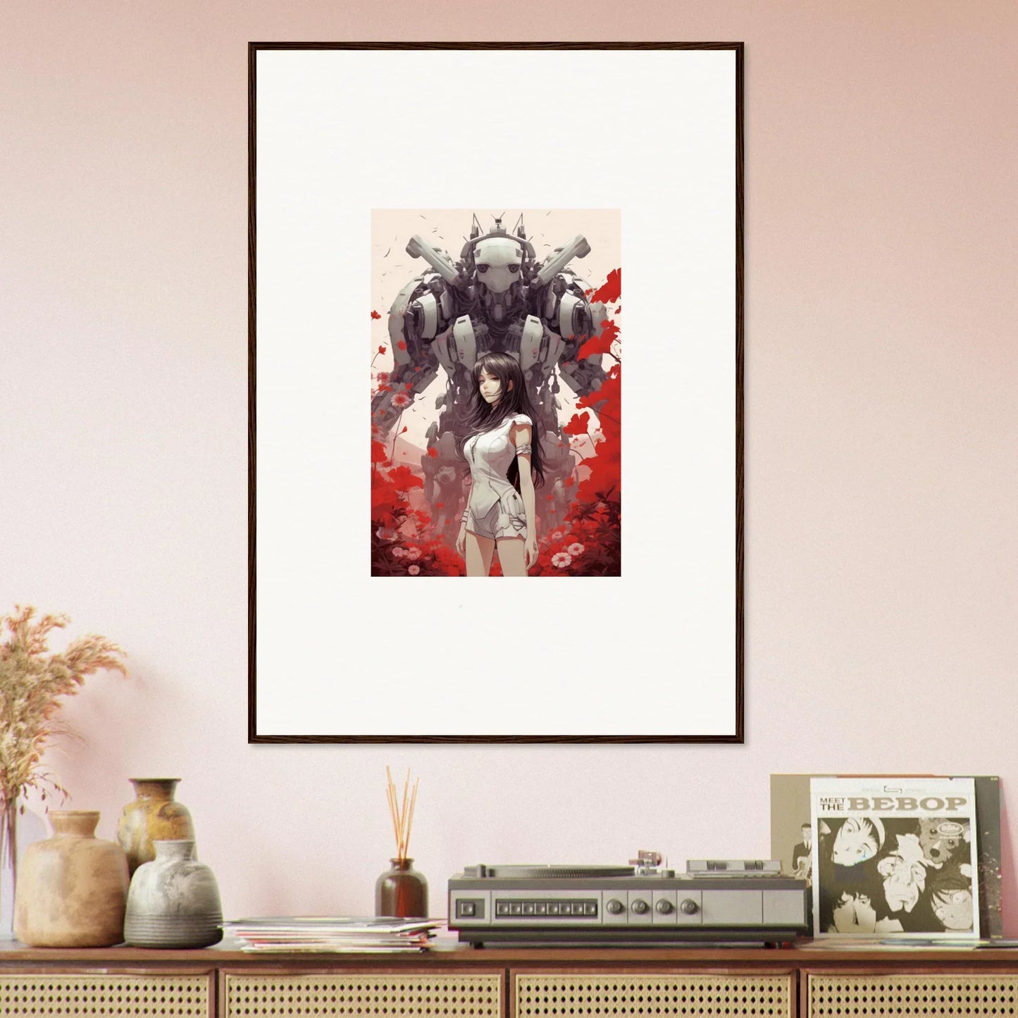 Framed canvas print of Future Echoes featuring a figure and a robotic entity for cool room decoration