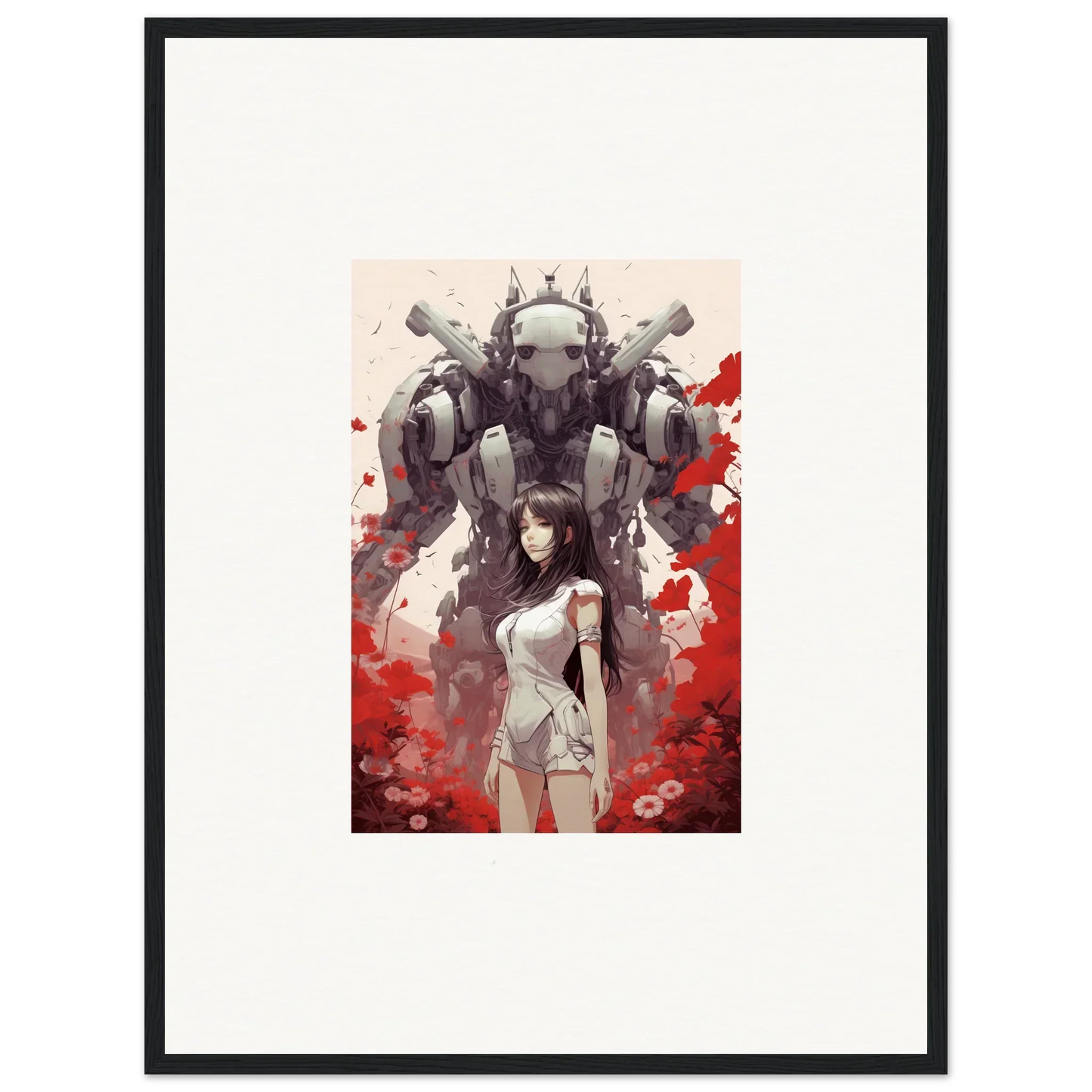 Framed wall art of a woman in white with a robotic mech, perfect for room decoration