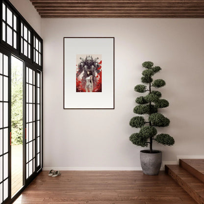 Framed abstract canvas print of a figure in red and gray for stylish room decoration