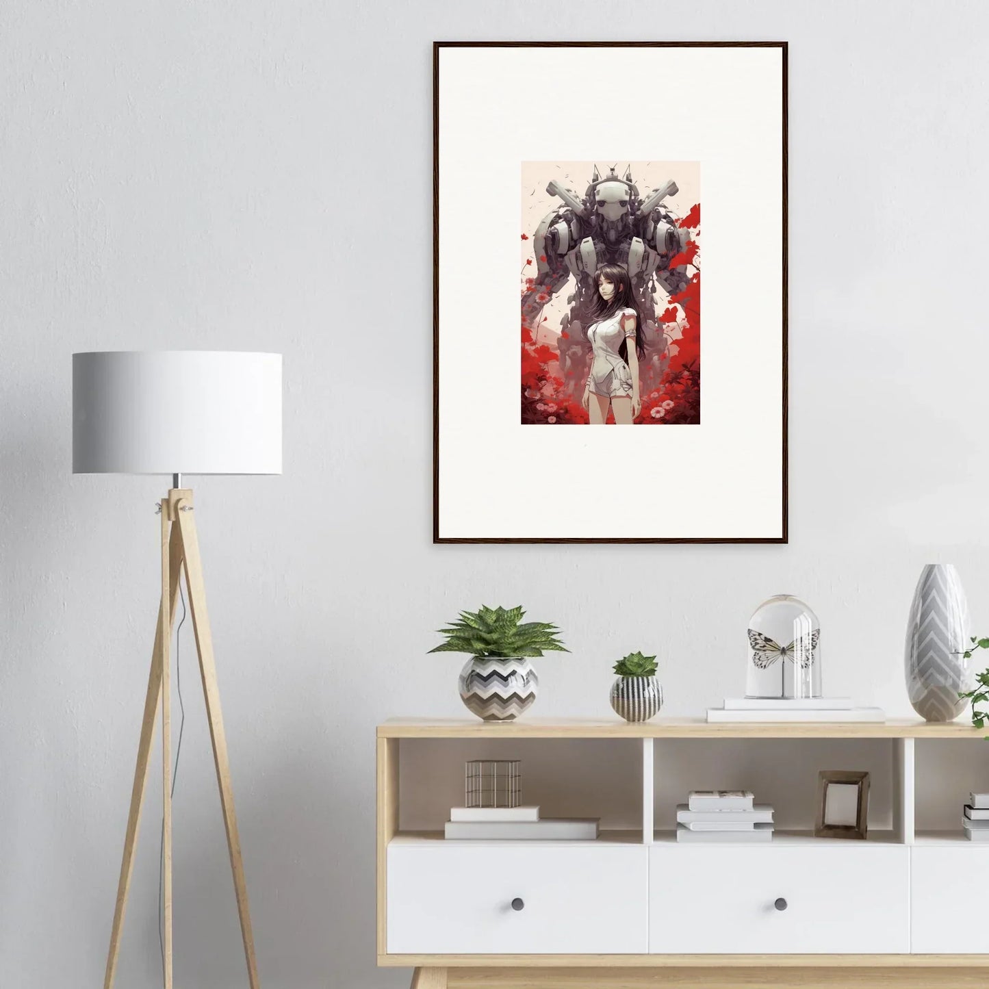 Framed Future Echoes wall art of a robotic figure for cool room decoration