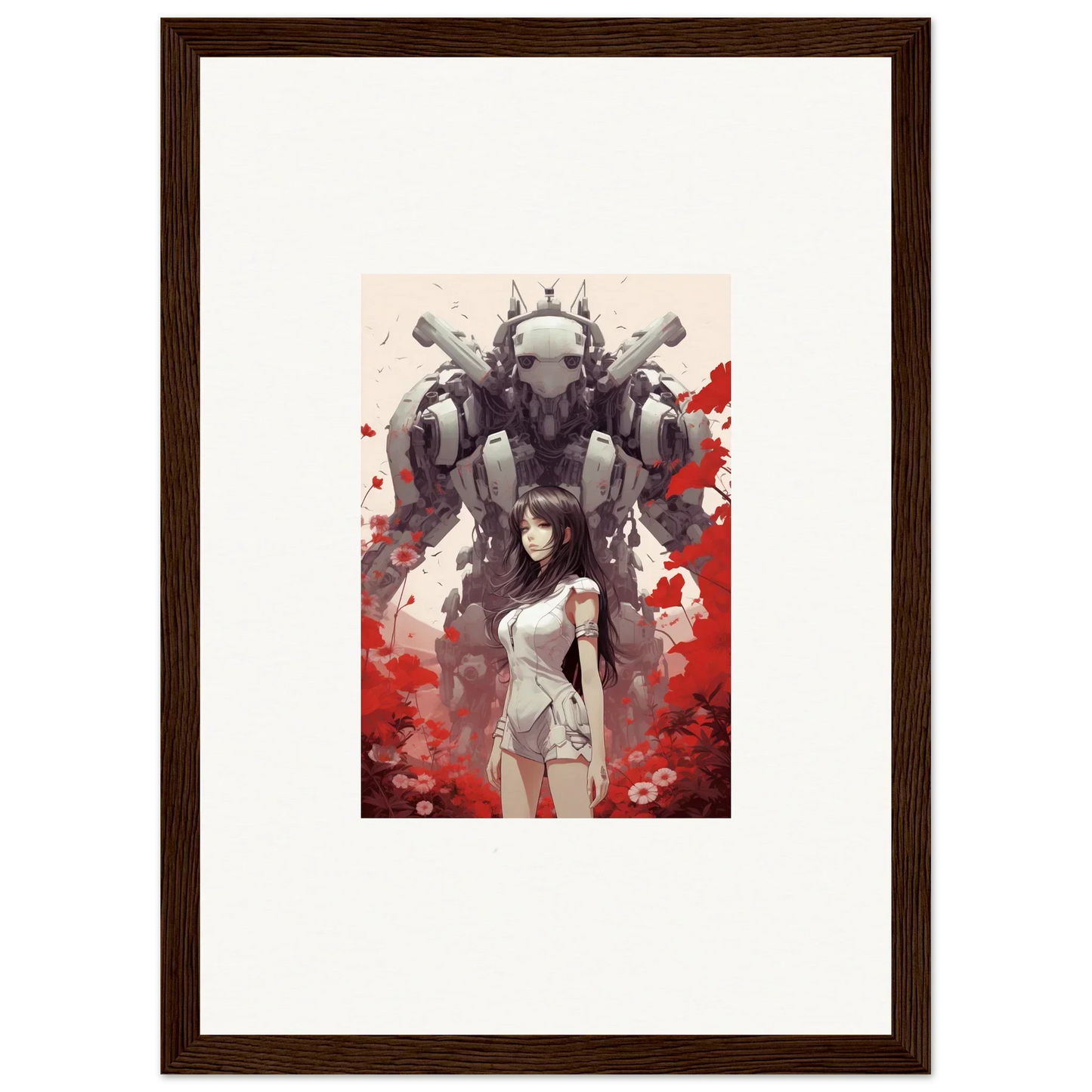 Framed canvas print of a woman with a mech suit, perfect wall art for room decoration