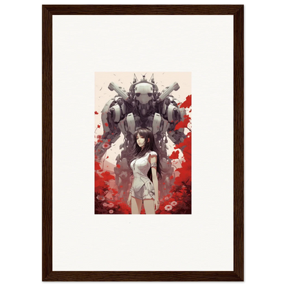 Framed canvas print of a woman with a mech suit, perfect wall art for room decoration